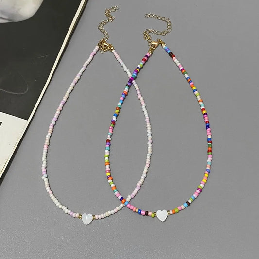 Colorful heart shell beaded choker necklace for girls summer fashion