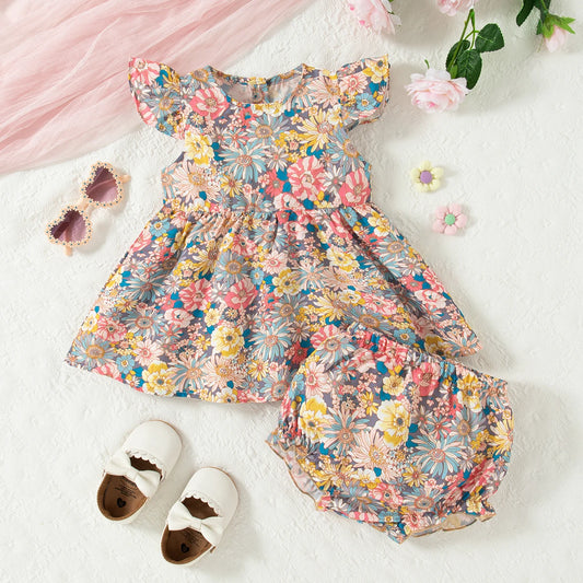 Baby Girl Set Summer Flower Print Casual Baby Girl Dress Set Fashion Baby Girl Dress Set