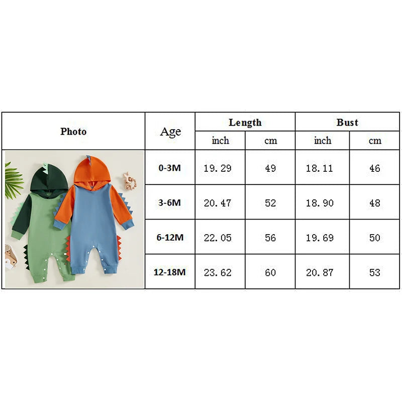 Baby Boys Dinosaur Hoodie Romper – Contrast Color Long-Sleeve Jumpsuit