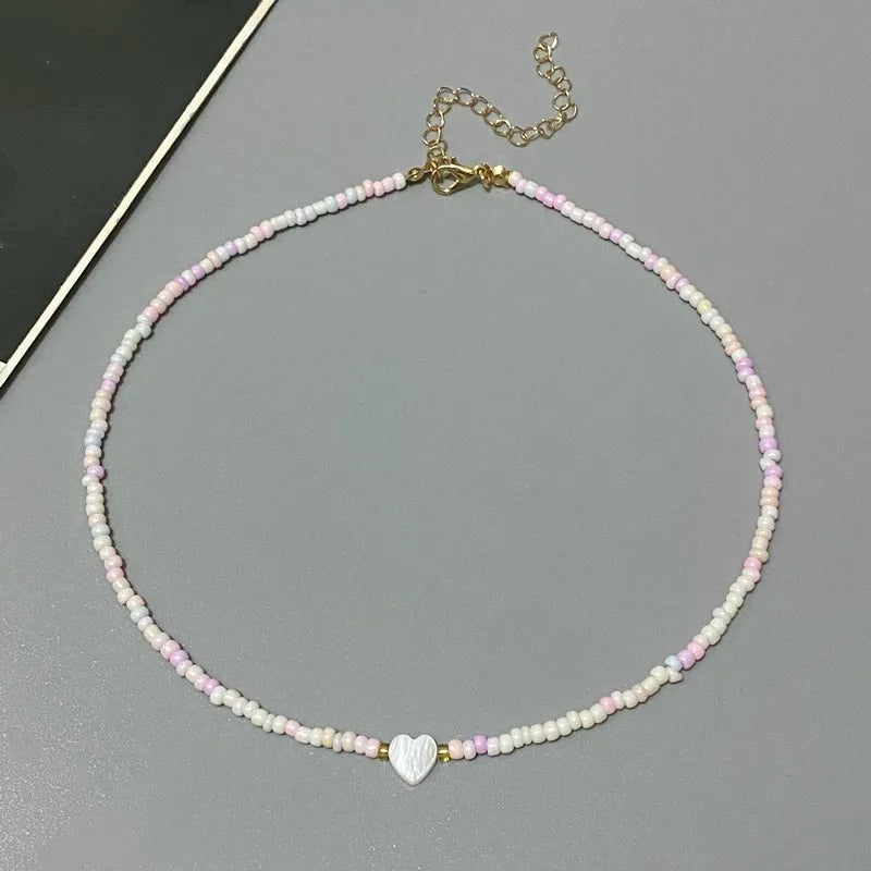 Girls' Shell Heart Choker Necklace, Glass Bead Gift