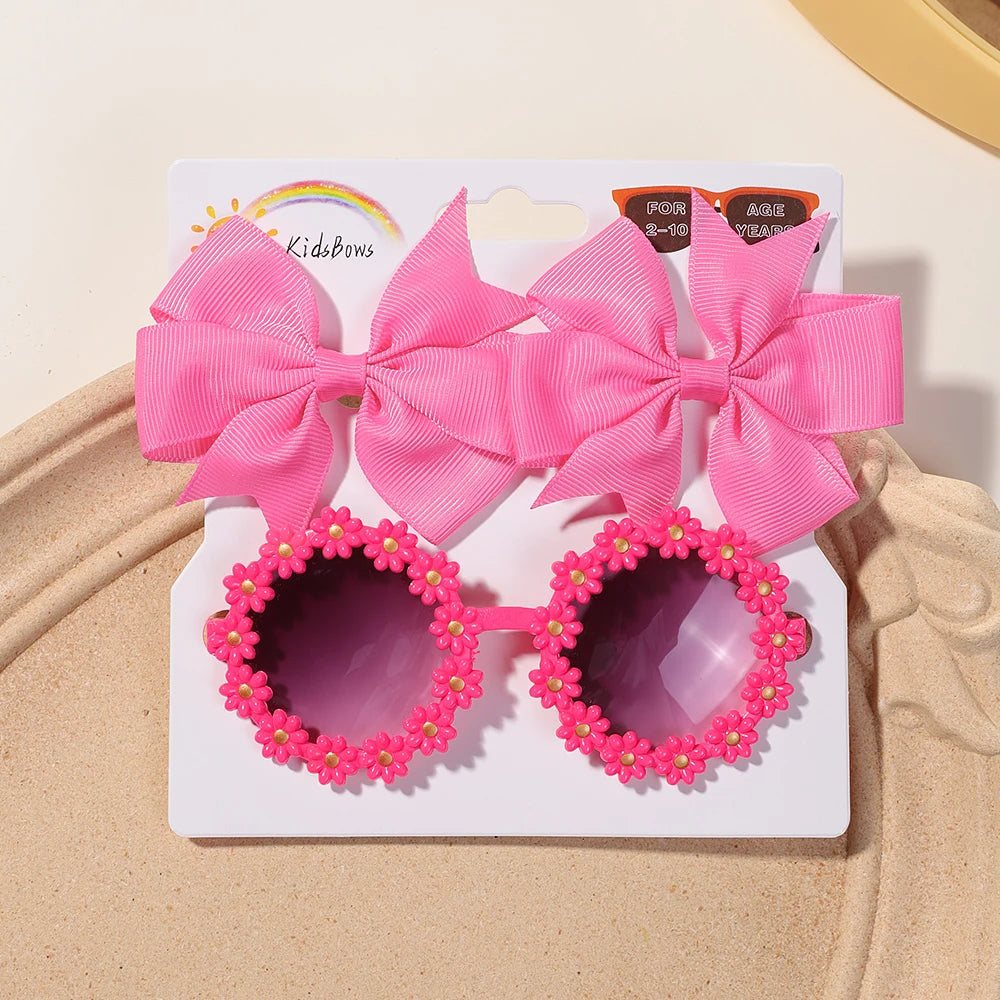 Kids Bow Hairclips and Retro Flower Sunglasses Set