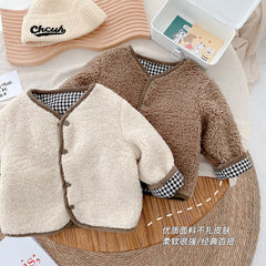 Stylish Plaid Plush Kids Coat