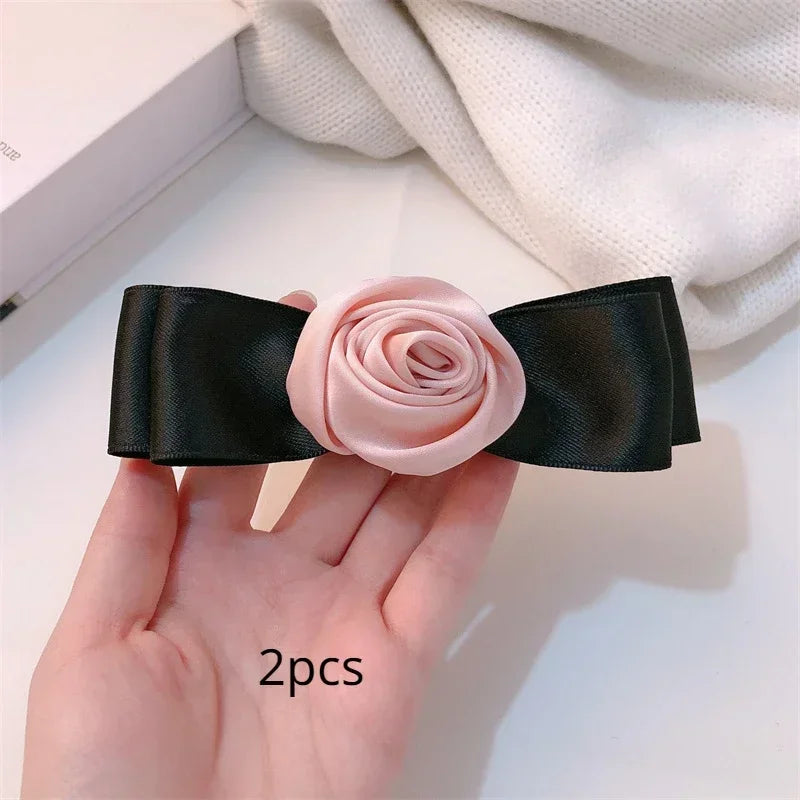 Pink Rose Bow Hair Clips For Girls