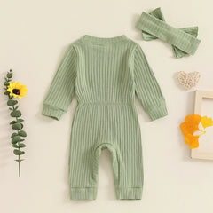 Baby Girls' Ribbed Jumpsuit and Headband Set, Fall