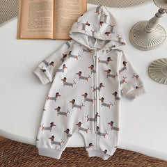 Baby Dachshund Print Hooded Jumpsuit, Fall Romper