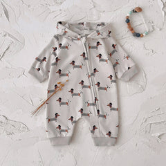 Baby Dachshund Print Hooded Jumpsuit, Fall Romper