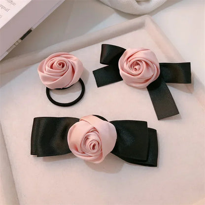 Pink Rose Bow Hair Clips For Girls