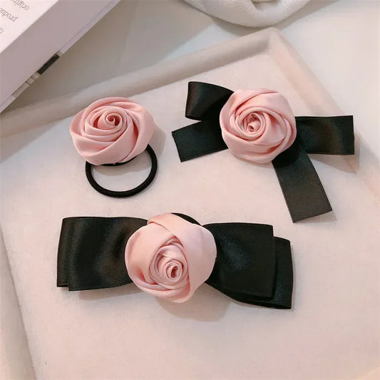 Pink Rose Bow Hair Clips For Girls