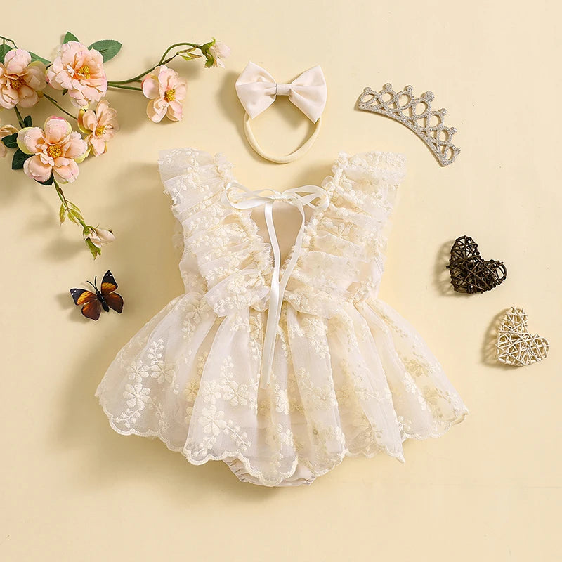 Ruffle sleeve square-neck lace romper