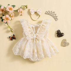 Ruffle sleeve square-neck lace romper