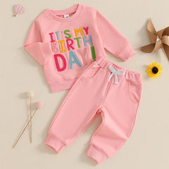 Toddler Girls Cotton Letter-Embroidery Sweatshirt & Pants Set