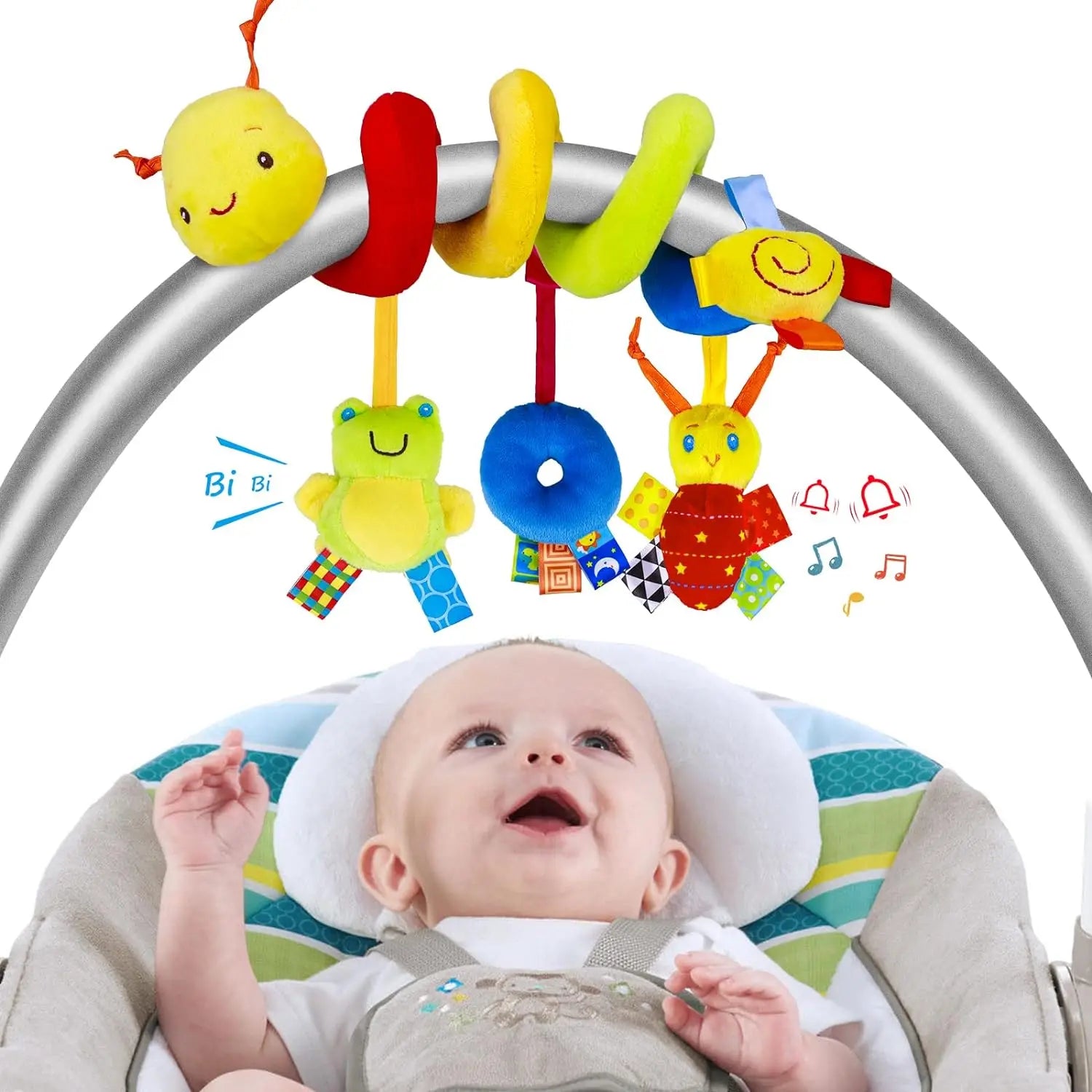 Baby spiral car seat sensory toy with plush hanging rattles USA