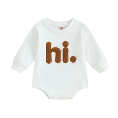 Baby Girls' Beige Fuzzy Letter Bodysuit, Long-Sleeve