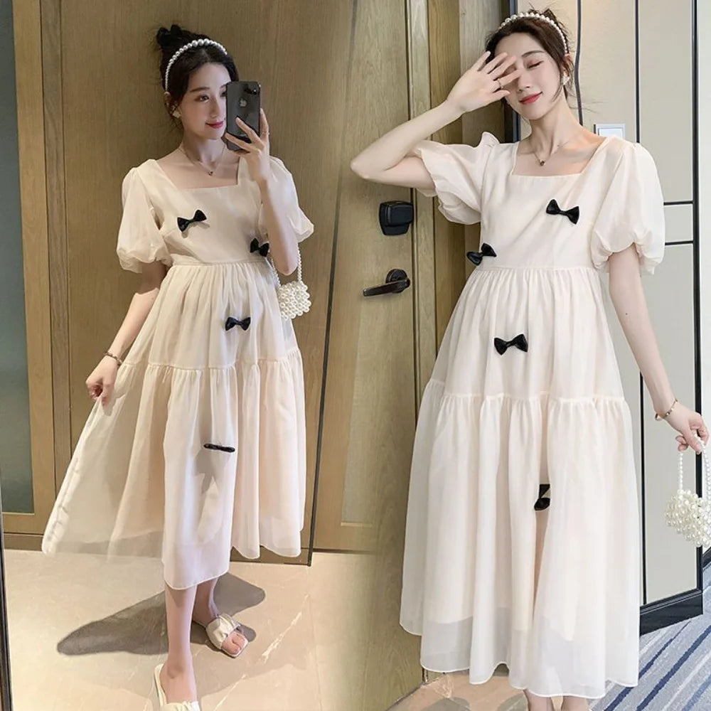 Flare sleeve square collar maternity dress