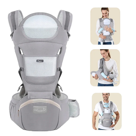 Adjustable baby carrier with shoulder straps and waist belt