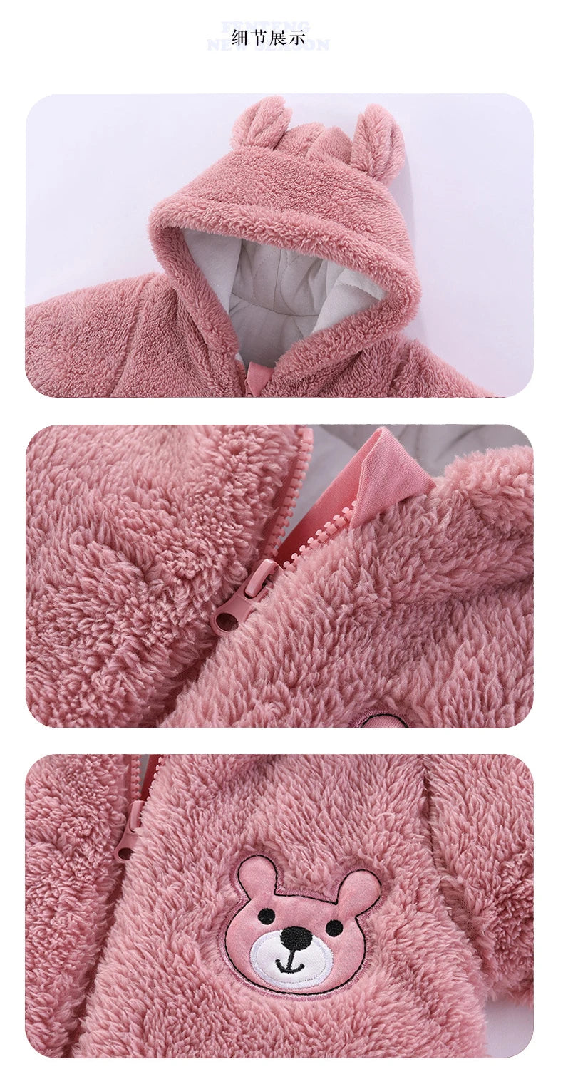 Plush Bear Hooded Baby Romper, Warm Fall Jumpsuit