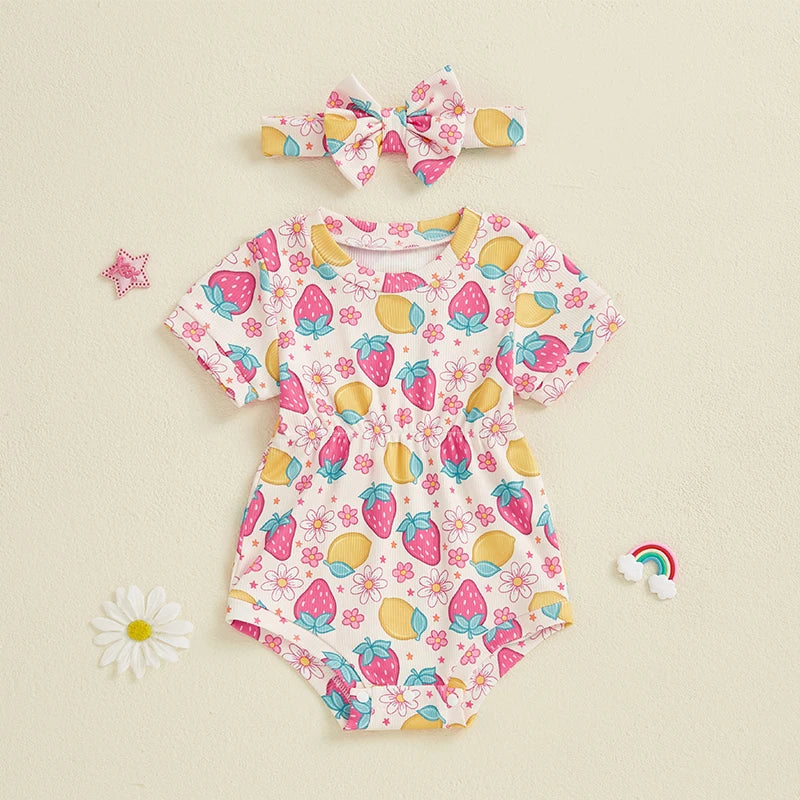 Baby Girls' Ribbed Strawberry Bodysuit with Bow Headband