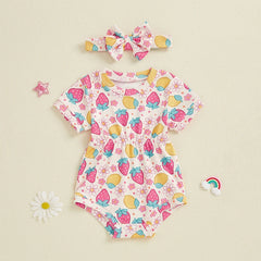 Baby Girls' Ribbed Strawberry Bodysuit with Bow Headband