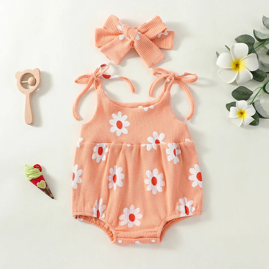 Baby Girls' Floral Romper and Headband Set, Sleeveless