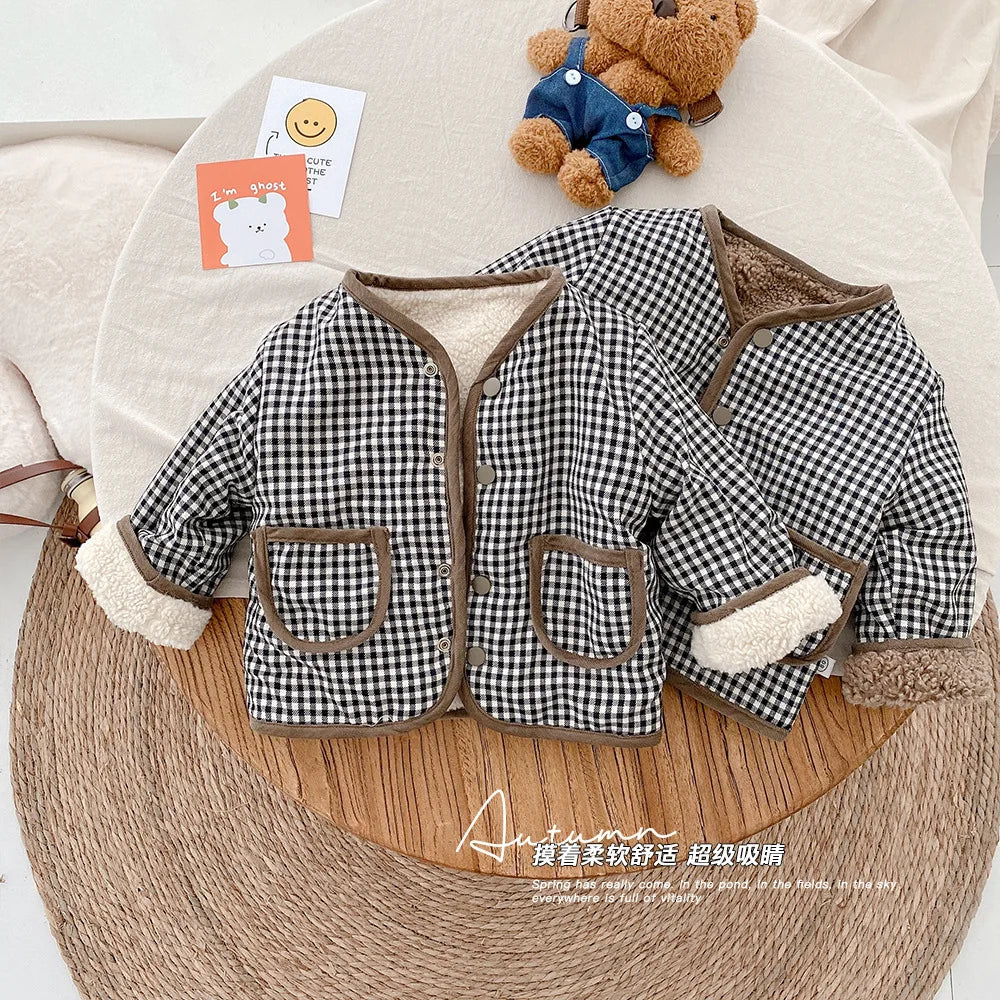 Stylish Plaid Plush Kids Coat