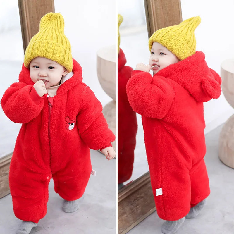 Plush Bear Hooded Baby Romper, Warm Fall Jumpsuit