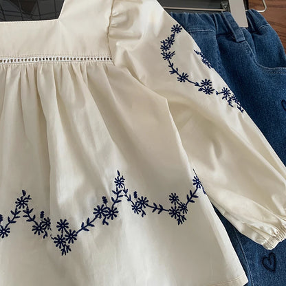 Embroidered Blouse and Heart Jeans