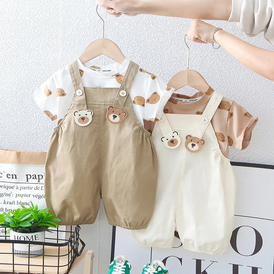 Cartoon Bear tees Overalls Set
