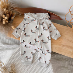 Baby Dachshund Print Hooded Jumpsuit, Fall Romper