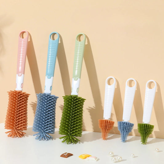 Silicone bottle-cleaning brush and smaller nipple brush set in assorted colors