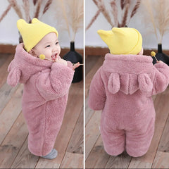Plush Bear Hooded Baby Romper, Warm Fall Jumpsuit