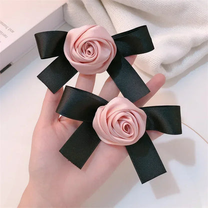 Pink Rose Bow Hair Clips For Girls