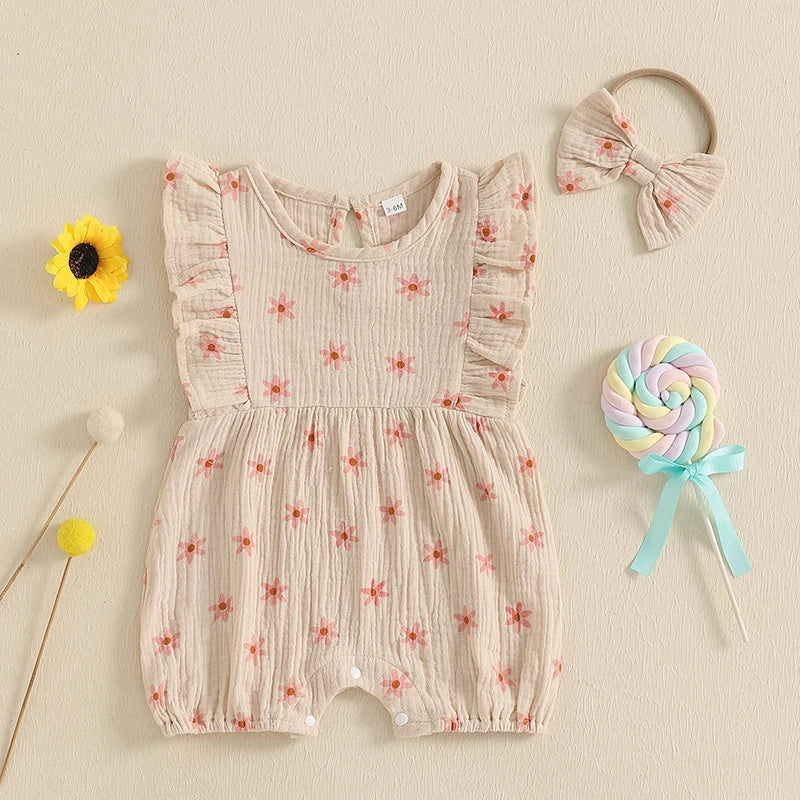 Baby Girl Floral Fly-Sleeve Romper Set | Summer Bowknot Outfit