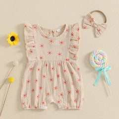 Baby Girl Floral Fly-Sleeve Romper Set | Summer Bowknot Outfit