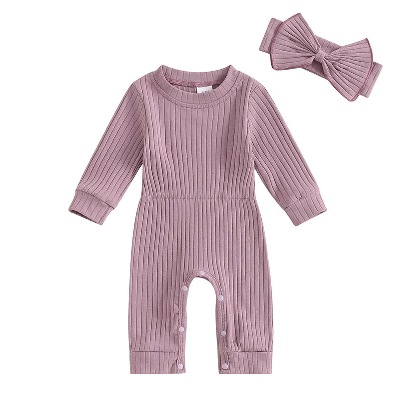 Baby Girls' Ribbed Jumpsuit and Headband Set, Fall