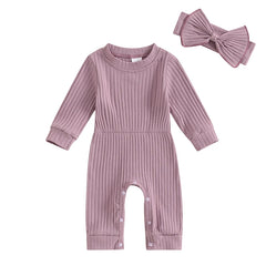 Baby Girls' Ribbed Jumpsuit and Headband Set, Fall