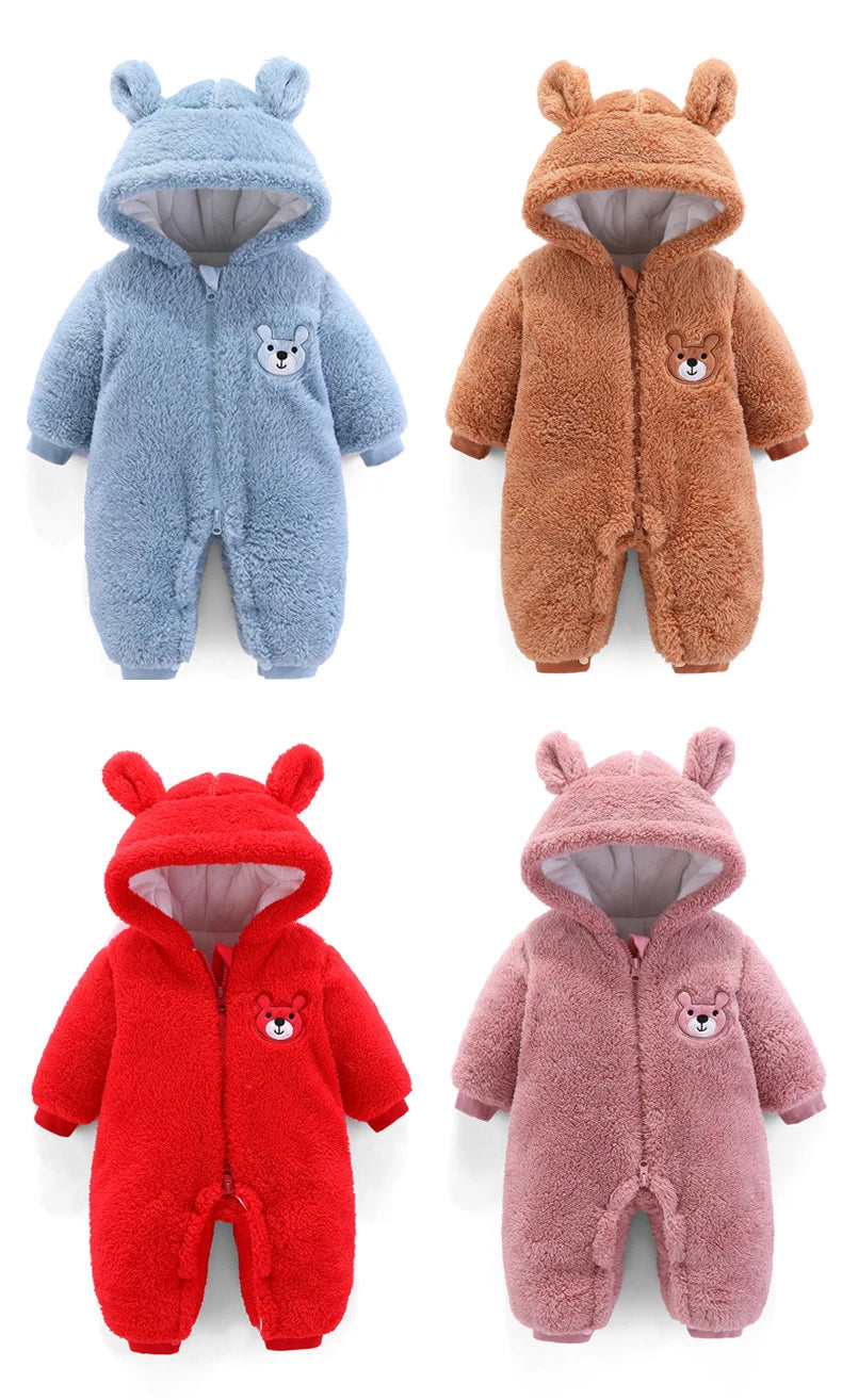Plush Bear Hooded Baby Romper, Warm Fall Jumpsuit