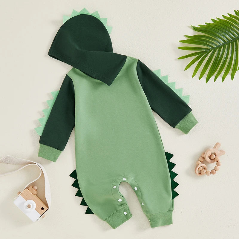 Baby Boys Dinosaur Hoodie Romper – Contrast Color Long-Sleeve Jumpsuit
