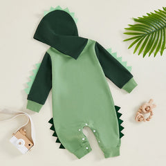 Baby Boys Dinosaur Hoodie Romper – Contrast Color Long-Sleeve Jumpsuit