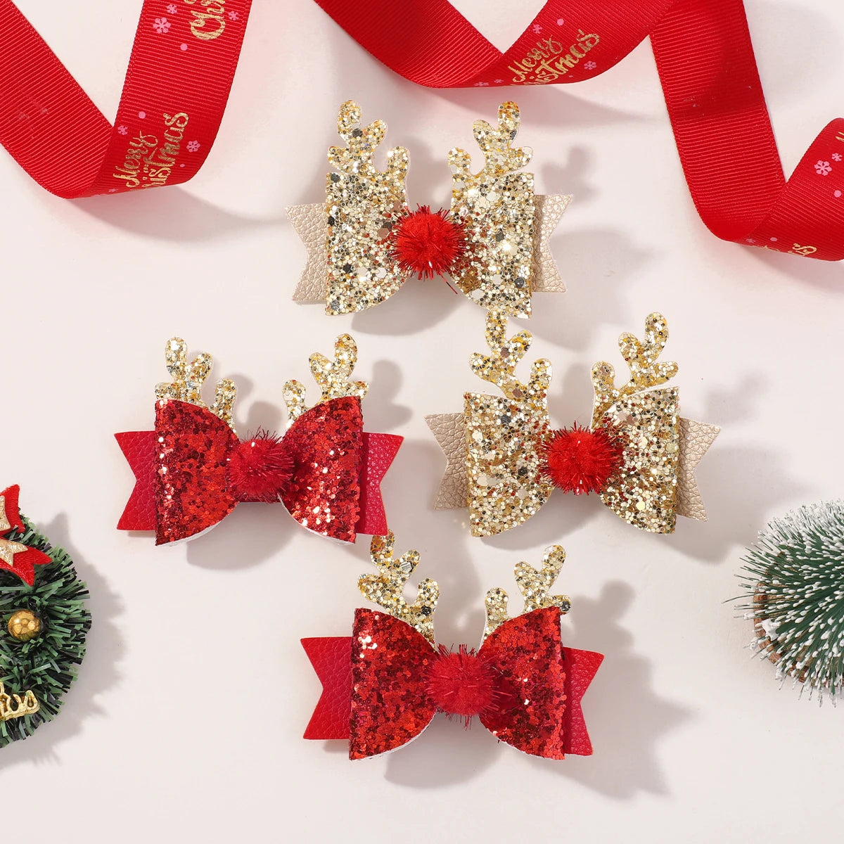 Girls' Red and Gold Glitter Bow Hair Clips, 2-Piece Set