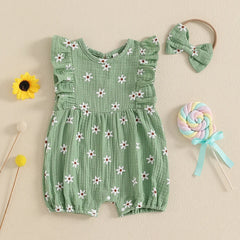 Baby Girl Floral Fly-Sleeve Romper Set | Summer Bowknot Outfit
