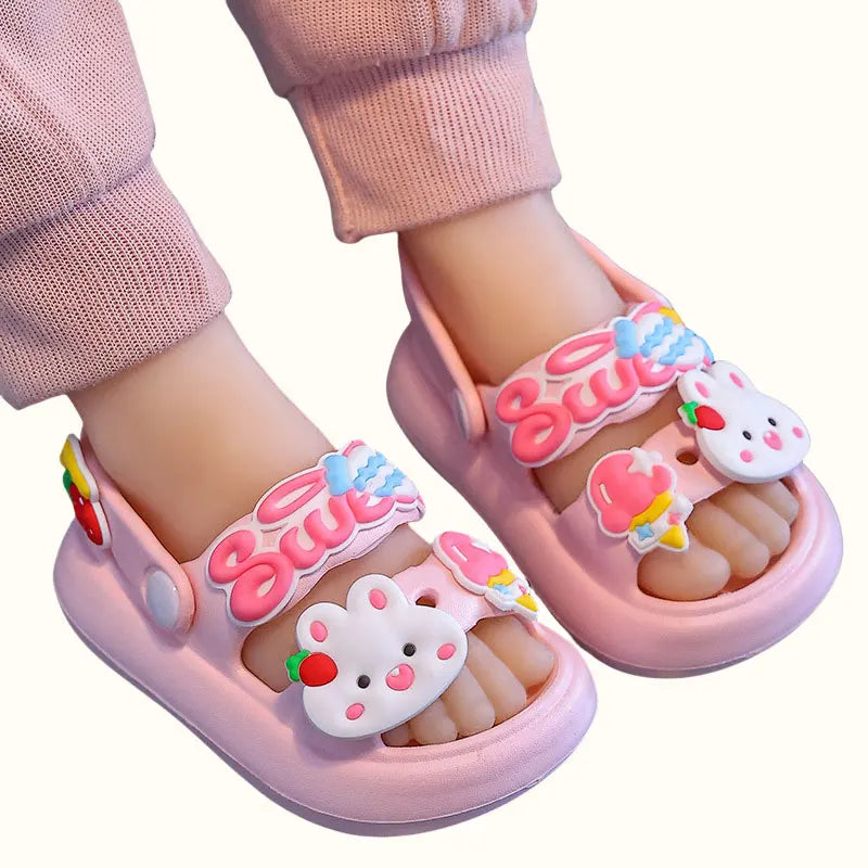 Kids wearing cartoon rabbit panda clogs sandals beach shoes