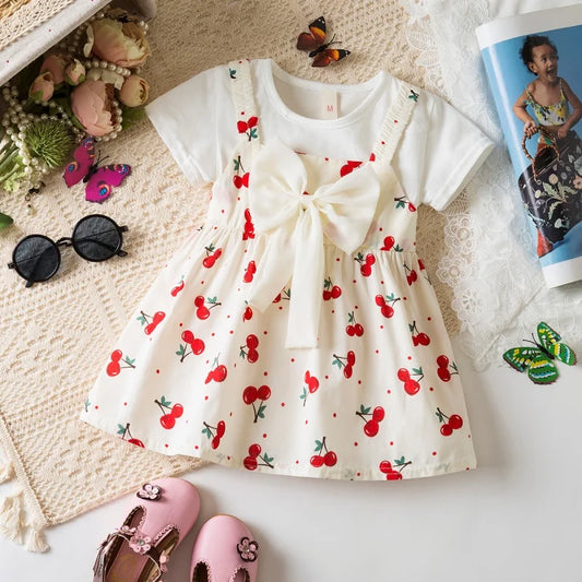 Baby Girl Dress Summer Cherry Print Cotton Short Sleeved Baby Dresses Cute Bow Girl Dress Baby Clothes Girl