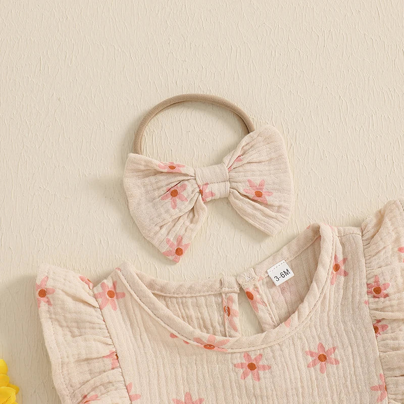 Baby Girl Floral Fly-Sleeve Romper Set | Summer Bowknot Outfit