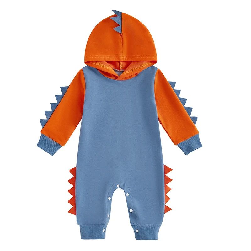 Baby Boys Dinosaur Hoodie Romper – Contrast Color Long-Sleeve Jumpsuit