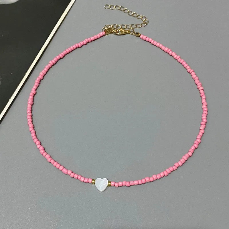 Girls' Shell Heart Choker Necklace, Glass Bead Gift