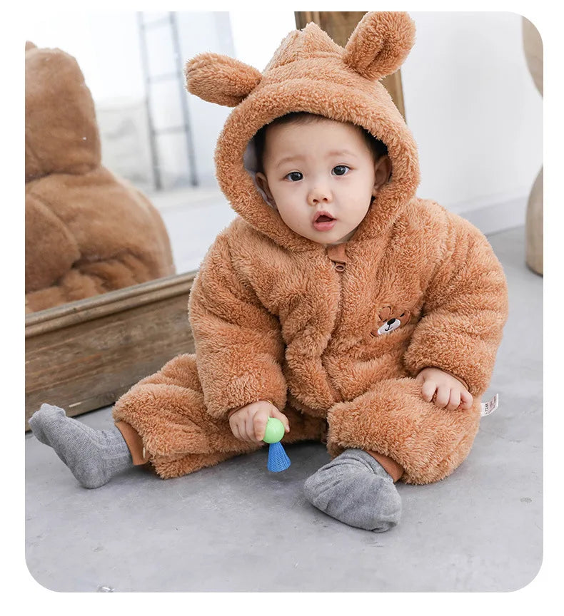 Plush Bear Hooded Baby Romper, Warm Fall Jumpsuit