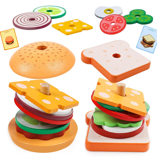 Wooden Pretend-Play Food Stacking Toy – Sandwich or Burger
