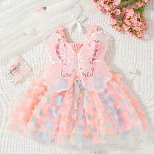 Baby Girl Dress Summer Butterfly Mesh Suspender Girl Dress Cute Back Wings Girl Wedding Flower Girl Dress