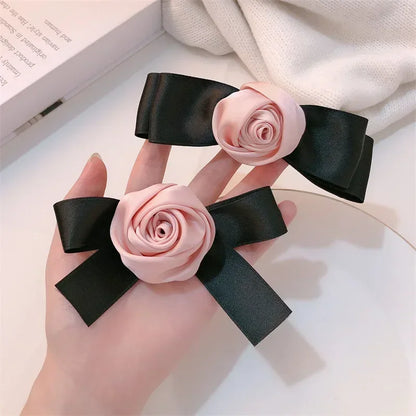 Pink Rose Bow Hair Clips For Girls