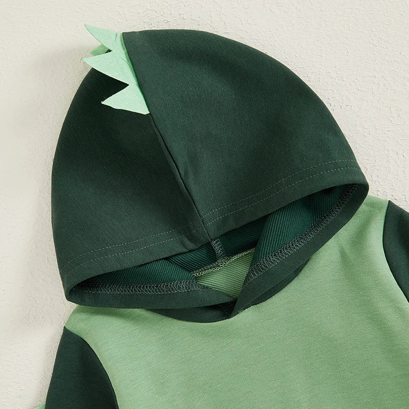Baby Boys Dinosaur Hoodie Romper – Contrast Color Long-Sleeve Jumpsuit